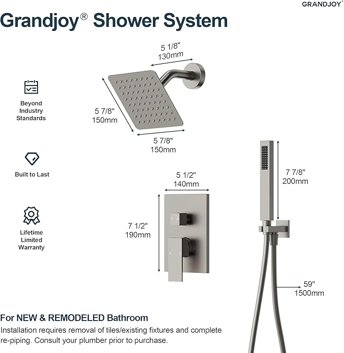2-Spray Pattern 6 in.Square Shower head with Single Handle Shower Handheld Faucet 2.5 GPM in Brushed Nickel