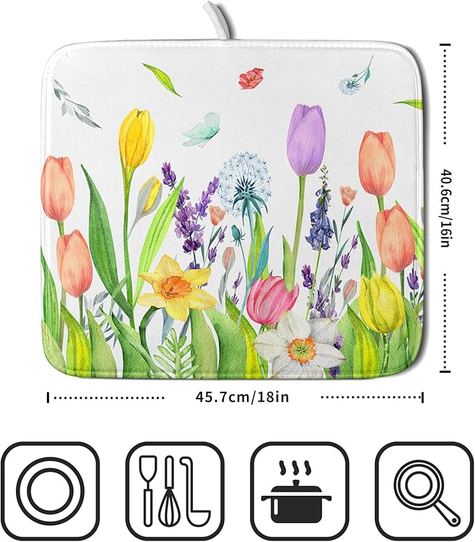 Aportt Spring Floral Dish Drying Pad with Absorbent Reversible Microfiber Watercolor Tulip Lavender Flower Drying Mats 16 x 18 Inch Dish Drainer Mat Fast Dry For Kitchen Dining Room