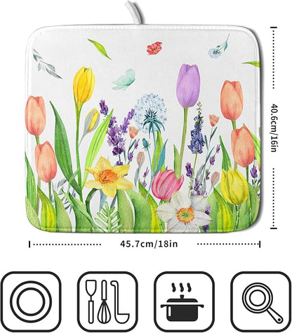 Aportt Spring Floral Dish Drying Pad with Absorbent Reversible Microfiber Watercolor Tulip Lavender Flower Drying Mats 16 x 18 Inch Dish Drainer Mat Fast Dry For Kitchen Dining Room