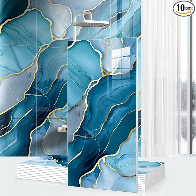 Chejiaye 10pcs Marble Peel and Stick Waterproof Wall Panels,Heat-Resistant Backsplash Tile, 23.6"x11.8" PVC Foam Wall Sticker for Kitchen,Living Rooms,TV Walls,Blue Wave (Not Real Tile 19.4Sq. Ft.)