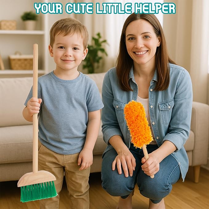 Kids Cleaning Set, Housekeeping Play Set Includes Broom Mop Duster Dustpan Brushes Rag and Organizing Stand, Cleaning Toys Gift for Toddlers Girls Boys Age 3-6, Solid Beech Wood (Blue)