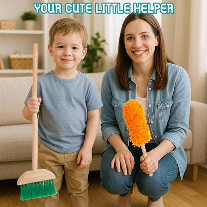 Kids Cleaning Set, Housekeeping Play Set Includes Broom Mop Duster Dustpan Brushes Rag and Organizing Stand, Cleaning Toys Gift for Toddlers Girls Boys Age 3-6, Solid Beech Wood (Blue)