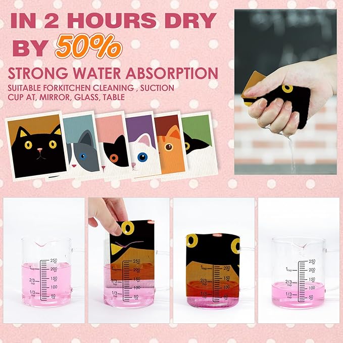 Morigins Cute Cat Swedish Dish Clothes Pack of 6, Reusable, Absorbent Hand Towels for Kitchen, Bathroom and Cleaning Counters Cellulose Sponge Cloth