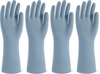 Rubber Cleaning Gloves for Dishwashing, 4 Pairs Reusable Kitchen Gloves for Washing Dishes and Household Cleaning, Blue Dish Gloves with Flocked Lining and Non-Slip Grip, Pefect for Woman Men - S