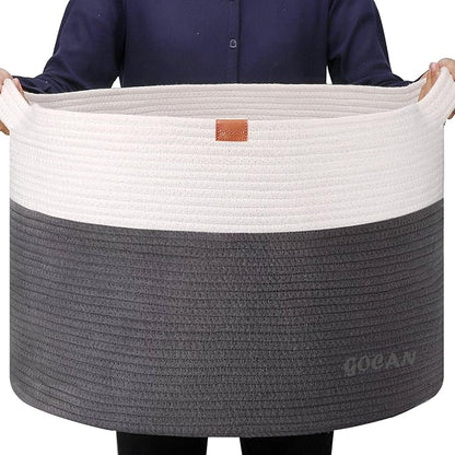 Extra Large Laundry Basket toy storage 22"X22"X14" blanket basket Cotton Rope Woven Baskets with Handles for Living Room (Grey/Beige) XXXL