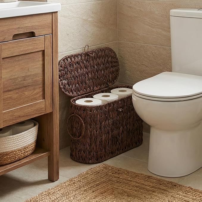 Toilet Paper Basket with Lid, Water Hyacinth Wicker Basket for Bathroom Organizers and Storage, Holds Up to 6 Mega Rolls, Decorative Hand-Woven Rattan Bathroom Decor Accessories, Brown