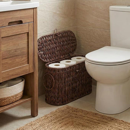 Toilet Paper Basket with Lid, Water Hyacinth Wicker Basket for Bathroom Organizers and Storage, Holds Up to 6 Mega Rolls, Decorative Hand-Woven Rattan Bathroom Decor Accessories, Brown