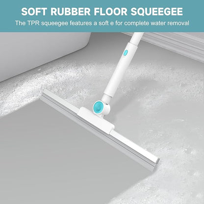 nacena Shower Scrubber with Long Handle, 4 in 1 Tile Tub Scrubber Brush with 3 Detachable Cleaning Shower Heads and Floor Squeegee Shower Cleaner Brush for Bathroom Kitchen Tub Sink Floor, Blue White