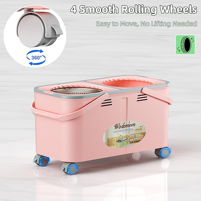 2026 Upgraded Gen 2 Spin Mop and Bucket Set with 4 Swivel Wheels for Easy Rolling, Separates Clean & Dirty Water, Floor Mop with 6 Washable Mop Heads for Wood, Tile, Vinyl, Baseboards - Pink