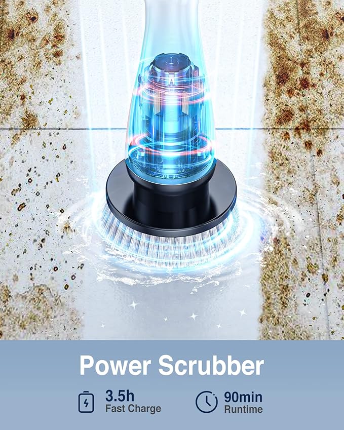 LABIGO Electric Spin Scrubber, Cordless Cleaning Brush Scrubber with 7 Replaceable Brush Heads and Adjustable Extension Handle, IPX7 Waterproof Power Cleaning Brush for Bathroom Tub Floor Tile Shower