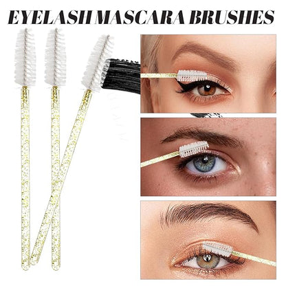 300 PCS Eyelash Extension Supplies Kit, Disposable Micro Applicator Brush, Eyebrow Lash Spoolie, Lip Brush, Mascara Wand Applicator (Crystal gold handle white kits)