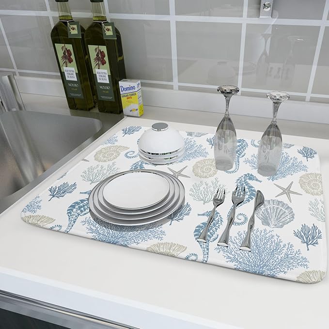 Blue Coral Dish Drying Pad 18 x 24 Inch With Absorbent Reversible Microfiber Coastal Starfish Seashell Summer Drying Mats Dish Drainer Mat Fast Dry For Kitchen Dining Room Decoration
