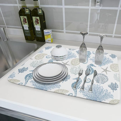 Blue Coral Dish Drying Pad 18 x 24 Inch With Absorbent Reversible Microfiber Coastal Starfish Seashell Summer Drying Mats Dish Drainer Mat Fast Dry For Kitchen Dining Room Decoration