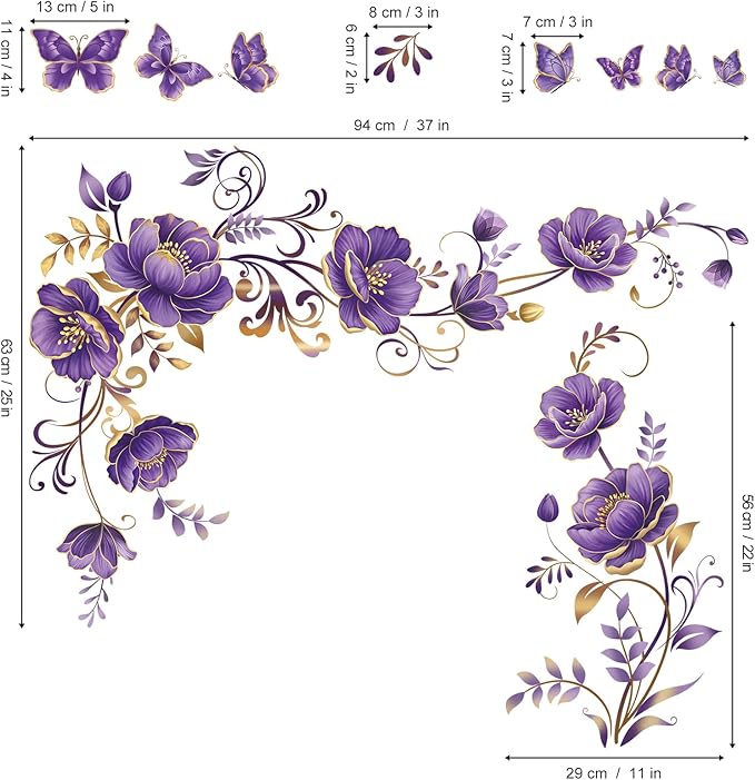 wondever Purple Gold Flowers Wall Stickers Flower Vine Butterfly Floral Peel and Stick Wall Art Decals for Sofa TV Background Living Room Bedroom