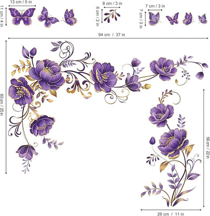 wondever Purple Gold Flowers Wall Stickers Flower Vine Butterfly Floral Peel and Stick Wall Art Decals for Sofa TV Background Living Room Bedroom