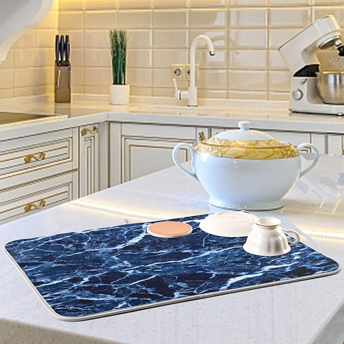 Super Absorbent Dish Drying Mat, Microfiber Fast-Drying Dish Mat, 24" x 18, Kitchen Dish Drying Pad, Navy Blue Marble…