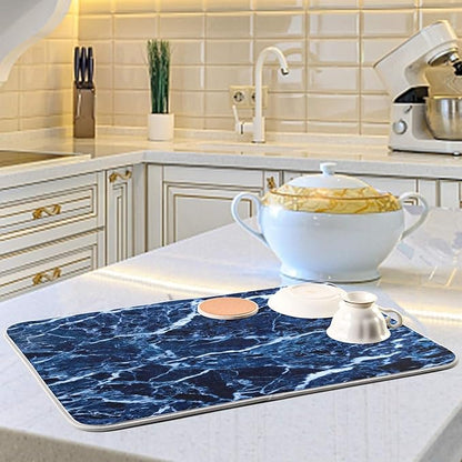 Super Absorbent Dish Drying Mat, Microfiber Fast-Drying Dish Mat, 24" x 18, Kitchen Dish Drying Pad, Navy Blue Marble…