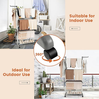 GOFLAME 4-Tier Clothes Drying Rack, Collapsible Clothes Horse Rack with Rotatable Side Wings and Foldable Shelves, Freestanding Garment Dryer Stand with Casters for Indoor and Outdoor Use, Grey