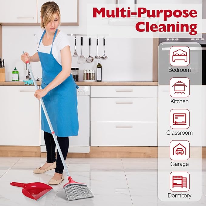 Meanplan 6 Pcs Angle Broom and Dustpan Combo Set for School Classroom 54 Inch Outdoor Indoor Cleaning Broom Commercial Broom with Step-on Dustpan for Home Kitchen Office Floor Dirt Dust Hair Cleaning