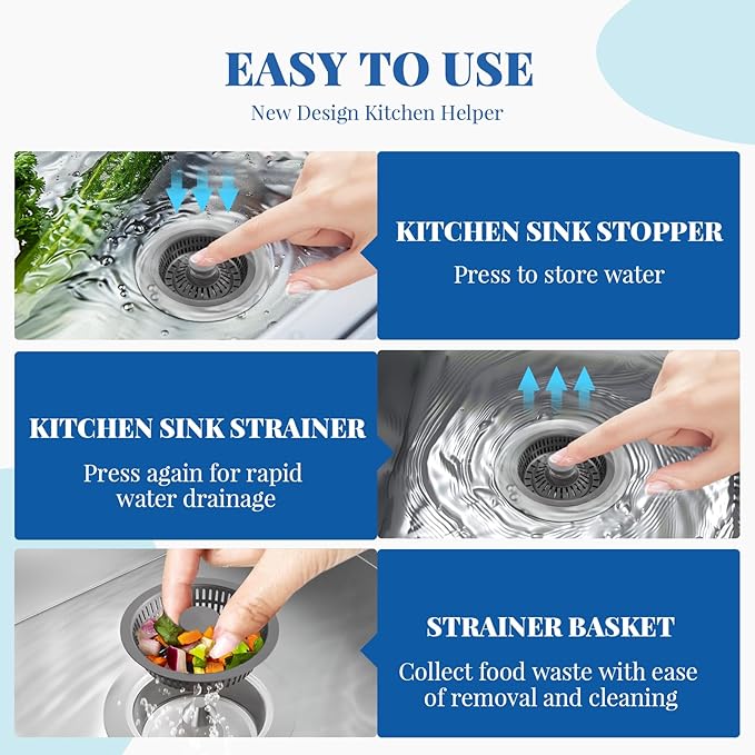 Upgraded 3in1 Kitchen Sink Drain Strainer & Sink Stopper,304 Stainless Steel Metal Sink Drain Stopper with Anti-Clogging Wider Strainer Basket,Kitchen Essentials for US Standard 3-1/2" Drain (Silver)
