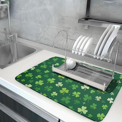 St Patrick's Day Dish Drying Mat 18 x 24 Inch With Absorbent Reversible Microfiber Green Lucky Shamrock Clover Drying Spring Dish Drainer Mat Fast Dry For Kitchen Dining Room Decor