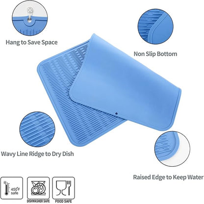 MicoYang Silicone Dish Drying Mat for Multiple Usage,Easy clean,Eco-friendly,Heat-resistant Silicone Mat for Kitchen Counter or Sink,Refrigerator or Drawer Liner Lichen BlueL 4XL 32 inches x 18 inches