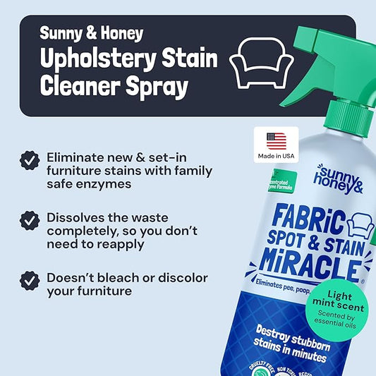 Sunny & Honey Upholstery Cleaner Spray - No Discoloration - Pet & Kid Safe Stain Remover - Multi-Surface Furniture & Sofa Cleaner Spray - Fast-Drying Pet Stain Remover (32 fl oz, Mint)
