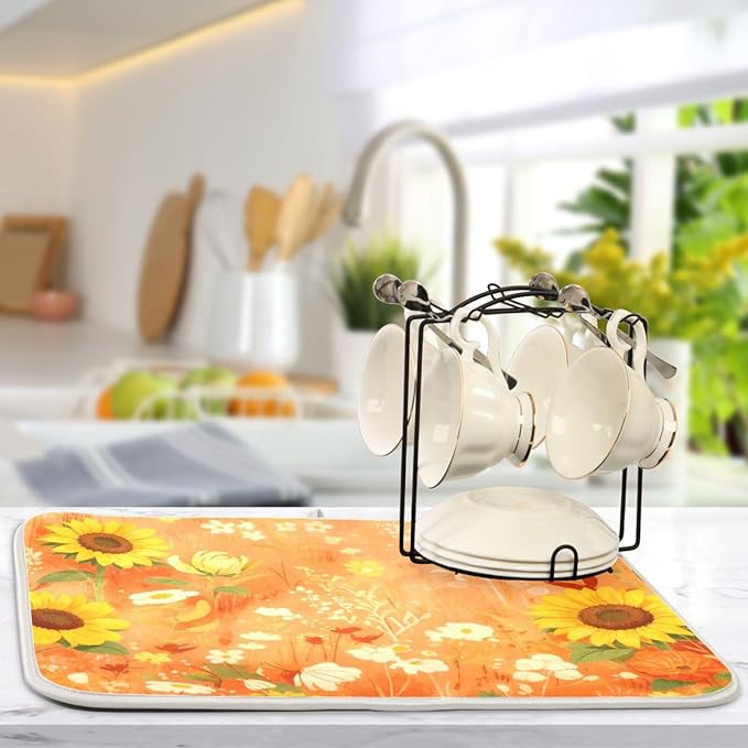 Large Dish Drying Mat Microfiber Drying Mat for Sink Kitchen Counter Yellow Sunflower Cornflower Poppy Absorbent Dish Rack Mat Drying Pad 18 x 24 Inches