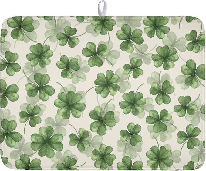St Patrick's Day Green Clover Dish Drying Mat for Kitchen Counter Spring Holiday Watercolor Lucky Shamrock Drying Mat 18x24 Inch Absorbent Dish Drainer Mat Kitchen Accessories