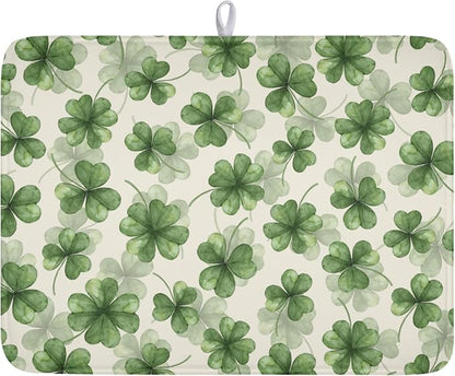 St Patrick's Day Green Clover Dish Drying Mat for Kitchen Counter Spring Holiday Watercolor Lucky Shamrock Drying Mat 18x24 Inch Absorbent Dish Drainer Mat Kitchen Accessories