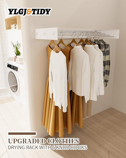 YLGJ&TIDY Wall Mounted Clothes Drying Rack, 31.5" Laundry Drying Rack, Clothes Drying Rack Foldable with 5 Rods 6 Hooks,Floor Space Saving Dry Rack for Clothes