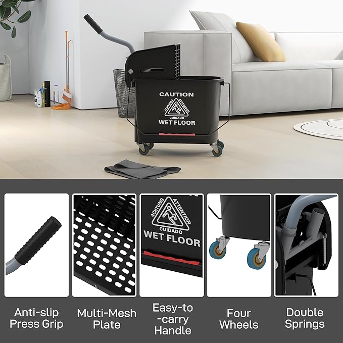 HOMCOM Commercial Mop Bucket with Side Press Wringer on Wheels for Floor Cleaning, 21 Quart, Separate Dirty and Clean Water, for Home Apartment Small Business and Office, Black
