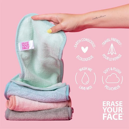 ERASE YOUR FACE Reusable Makeup Remover Cloths - Microfiber Face Towels to Cleanse & Remove Makeup - Water Activated for Sensitive Skin - Multi-Pastel (4 Count)