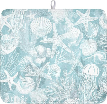 Summer Sea Shell Drying Mat 18x16 Inch, Teal Starfish Drying Mat with Absorbent Reversible Microfiber, Coastal Dish Drainer Mats Holiday Ocean Rack Pad for Coffee Countertop Kitchen Protector
