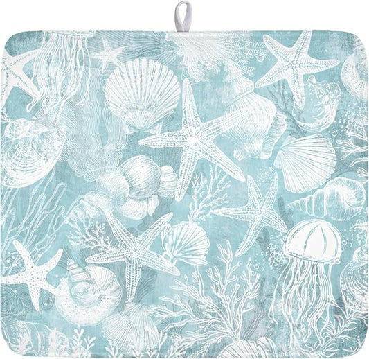 Summer Sea Shell Drying Mat 18x16 Inch, Teal Starfish Drying Mat with Absorbent Reversible Microfiber, Coastal Dish Drainer Mats Holiday Ocean Rack Pad for Coffee Countertop Kitchen Protector