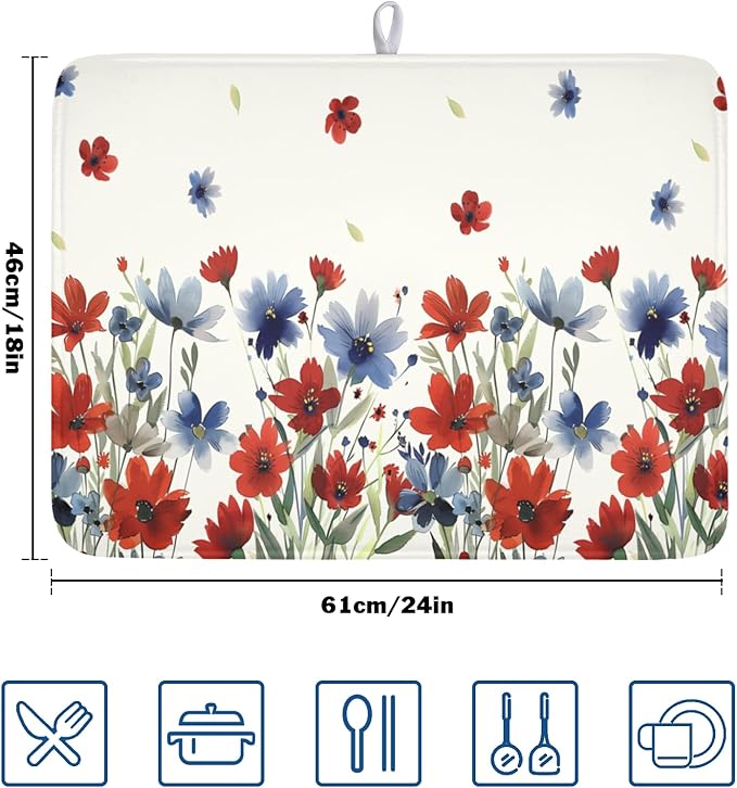 4th of July Floral Dish Drying Mat for Kitchen Counter 18 x 24 Inch Patriotic Dish Drainer Mat Absorbent Microfiber Independece Day Dish Rack Pad for Coffee Dining Bar Decor