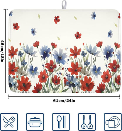 4th of July Floral Dish Drying Mat for Kitchen Counter 18 x 24 Inch Patriotic Dish Drainer Mat Absorbent Microfiber Independece Day Dish Rack Pad for Coffee Dining Bar Decor