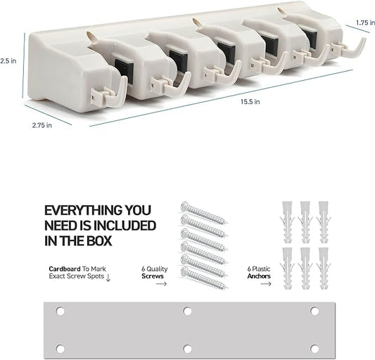 HOME IT Mop And Broom Holder Wall Mount - Garage Storage Systems with 5 Slots, 6 Hooks, 7.5lbs Capacity Per Slot - Garden Tool Organizer For Home, Kitchen, Closet, Garage, Laundry Room - Off-White