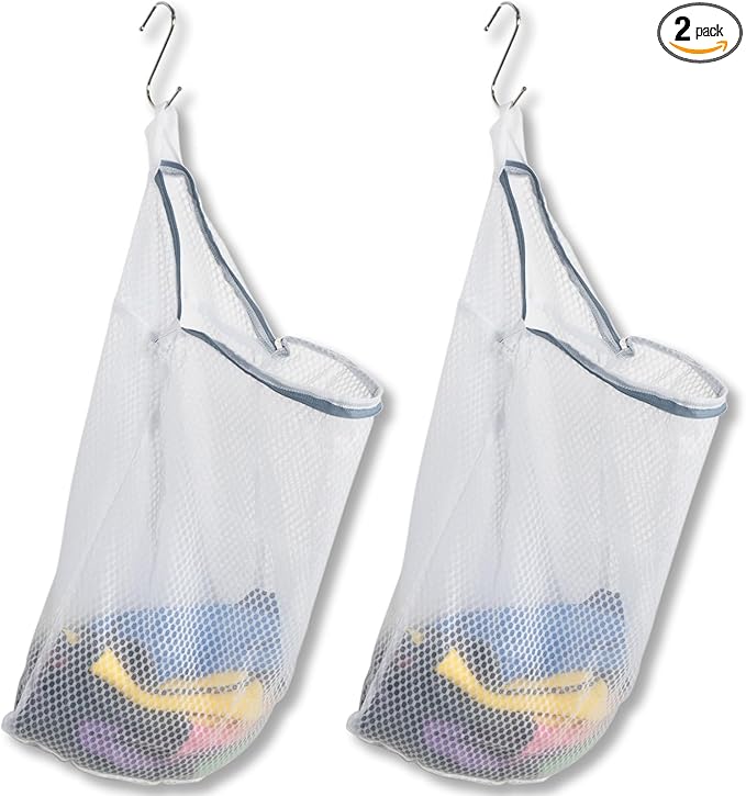 2Pcs Mesh Hanging Laundry Bags for Washing Machine, 15 X 12 inch Wash Bag for Clothes Delicates Lingerie with S Hooks