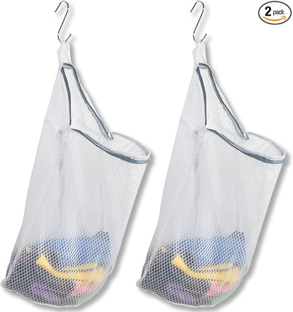 2Pcs Mesh Hanging Laundry Bags for Washing Machine, 15 X 12 inch Wash Bag for Clothes Delicates Lingerie with S Hooks
