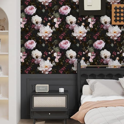 Fvlow Glowing Pink Floral Peel and Stick Wallpaper Vintage Black Wallpaper Vinyl Wrap Kitchen Worktop Covering Vinyl Self Adhesive Leaf Contact Paper for Cabinets Drawers Sticker Decor 17.4" x 394"