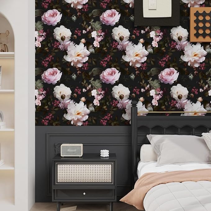Fvlow Glowing Pink Floral Peel and Stick Wallpaper Vintage Black Wallpaper Vinyl Wrap Kitchen Worktop Covering Vinyl Self Adhesive Leaf Contact Paper for Cabinets Drawers Sticker Decor 17.4" x 118"