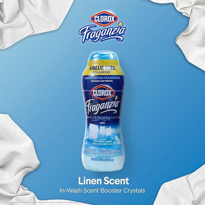 Clorox Fraganzia Laundry Scent Booster Crystals, In-Wash Fragrance Beads for Fresh-Smelling Clothes & Linens, Safe for All Fabrics & Colors, Easy-Pour Bottle, Linen Scent, 70 Oz - 6 Pack