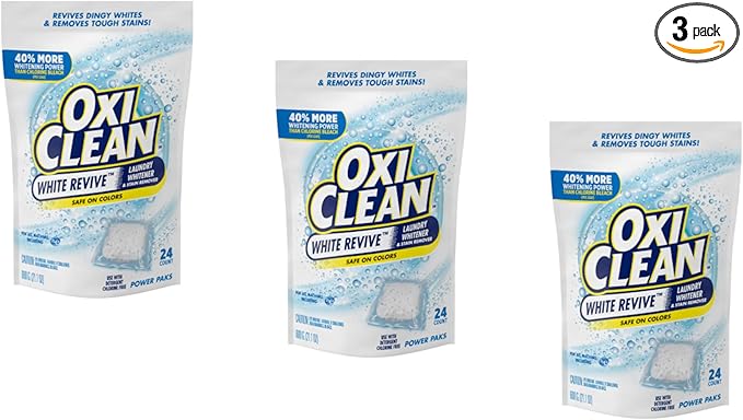 OxiClean White Revive Laundry Whitener & Stain Remover, Safe on Colors, Power Pack, Use with Detergent, Chlorine Free, 24 Pods (Pack of 3)