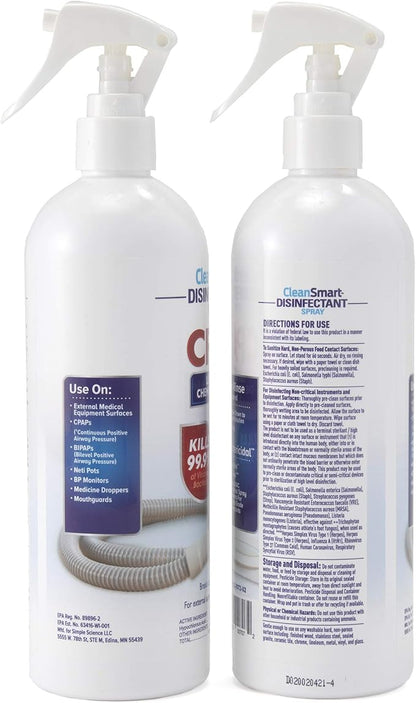 CleanSmart CPAP Disinfectant Spray, Kills 99.9% of Bacteria and Viruses on CPAP Equipment, No Residue, 16 oz (Pack of 2)