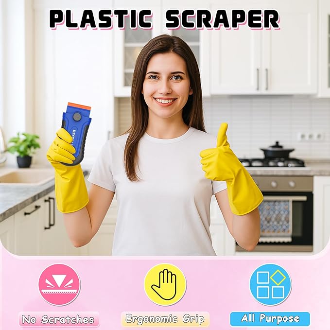 DIYSELF 2 Pcs Plastic Razor Blade Scraper with 10 Pcs Blades, Plastic Scraper Tool for Adhesive Remover, Scrapers for Cleaning Stickers, Decals, Glass, Windows, Car, No Scratches (Blue)