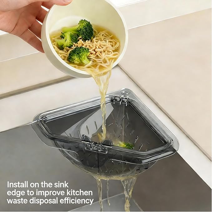 Magnetic Drainage & Filter Basket with Enhanced Durability, Triangular Sink Strainer with Twist-Open Bottom, Heavy-Duty Kitchen Sink Corner Rack for Draining & Storage, Punch-Free Installation