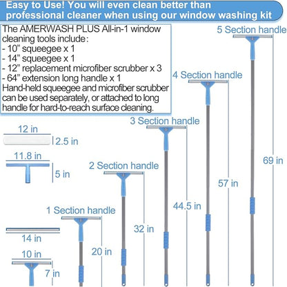 Window Squeegee Washing Kit for High Window, Shower Glass Door, Mirror Cleaning, with 69-inch Extension Pole, Extra 14'' Wide Squeegee and 2 Microfiber Scrubbers Included