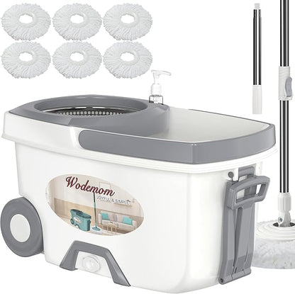 Mop and Bucket with Wringer Set,Spin Mop and Bucket System, Mops for Floor Cleaning,Household Supplies Tools with 6 Replacement Refills,61" Extended Handle for Household Hardwood Floor - White