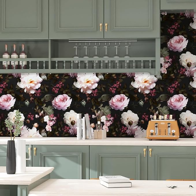 Fvlow Glowing Pink Floral Peel and Stick Wallpaper Vintage Black Wallpaper Vinyl Wrap Kitchen Worktop Covering Vinyl Self Adhesive Leaf Contact Paper for Cabinets Drawers Sticker Decor 17.4" x 118"